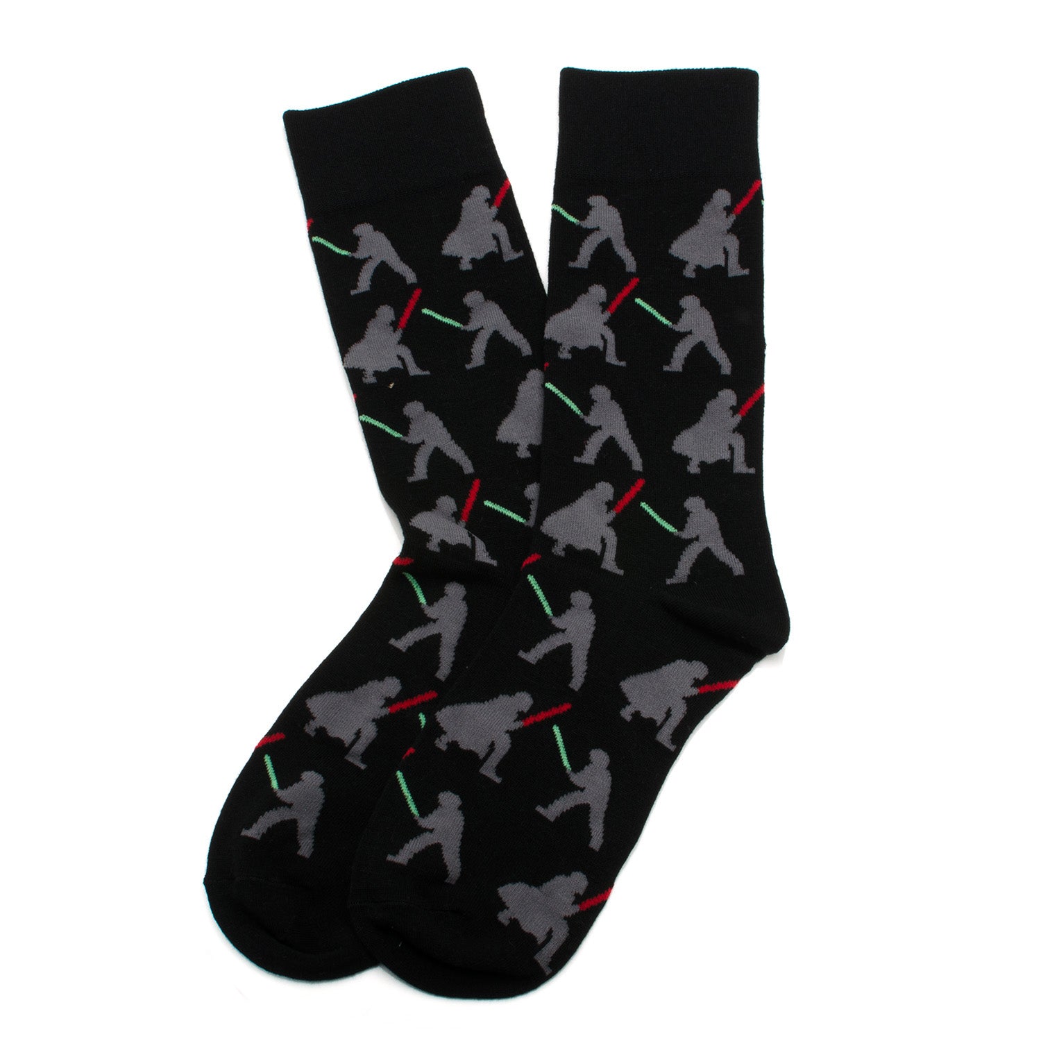 Black socks with gray figures holding lightsabers on a white background