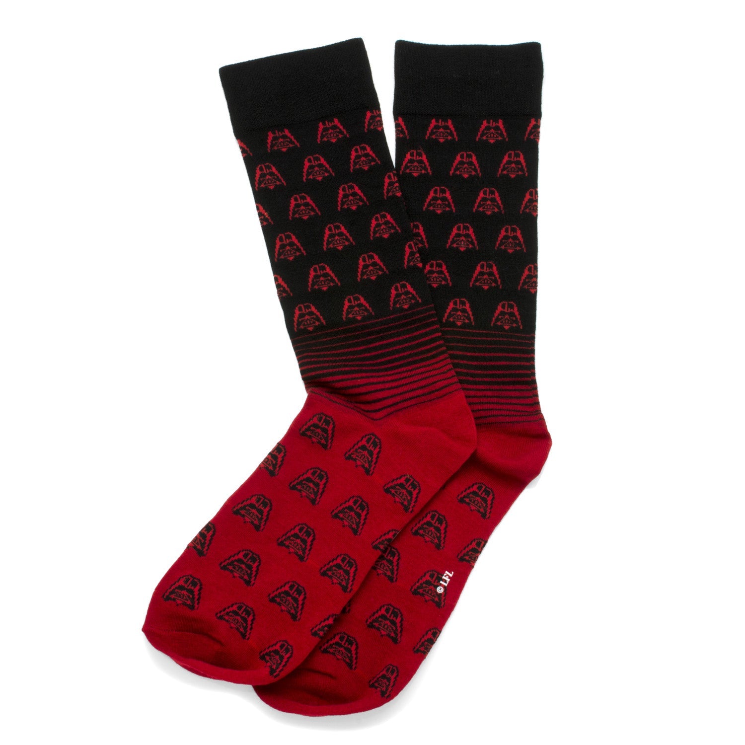 Red and black socks with Darth Vader logo pattern on a white background