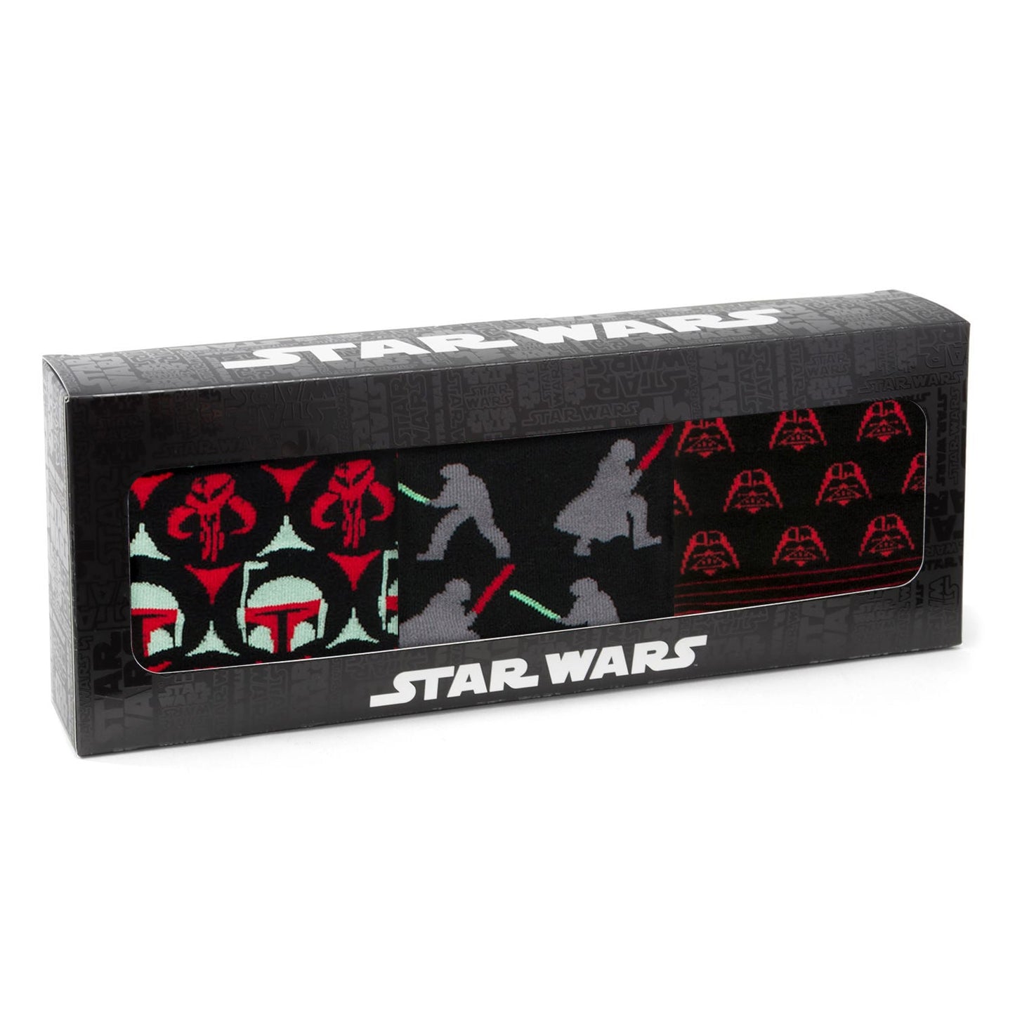 Star Wars-themed product packaging with character silhouettes and red lightsabers on a black background.
