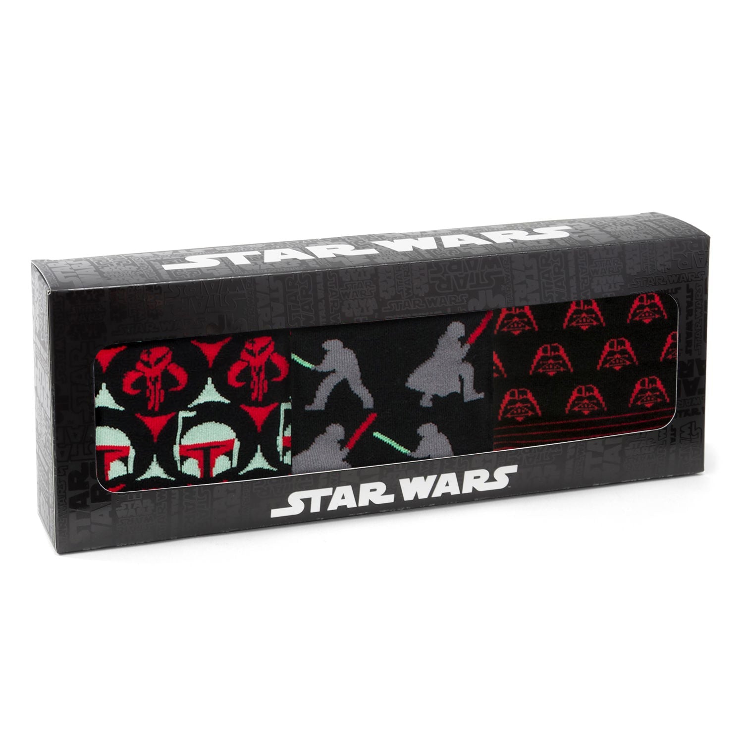 Star Wars-themed product packaging with character silhouettes and red lightsabers on a black background.