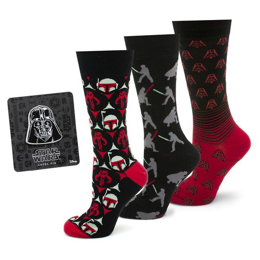 Set of Star Wars-themed socks and a pin on a white background