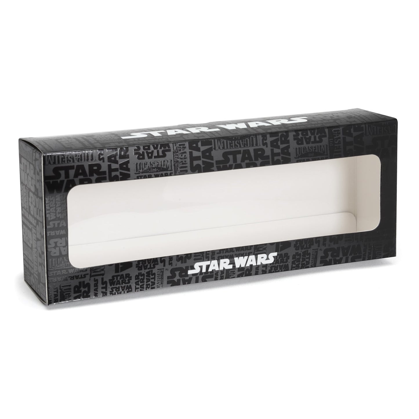 Black 'Star Wars' branded box with clear window on a white background