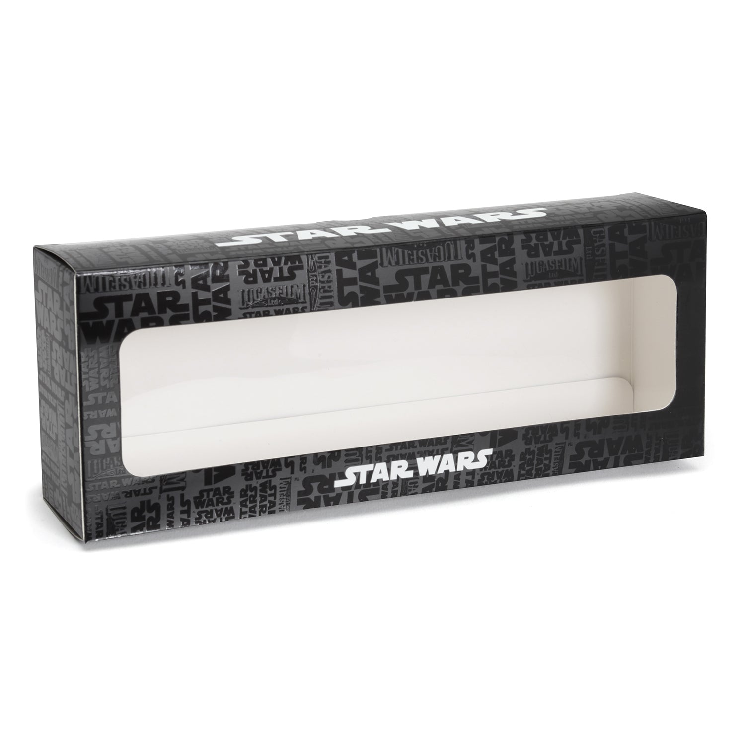 Black 'Star Wars' branded box with clear window on a white background