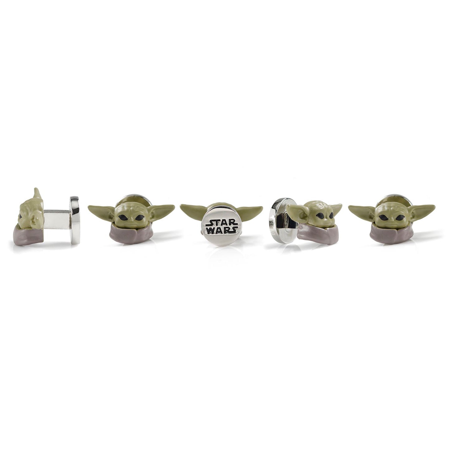Cufflinks and earrings shaped like a character from a popular franchise on a white background