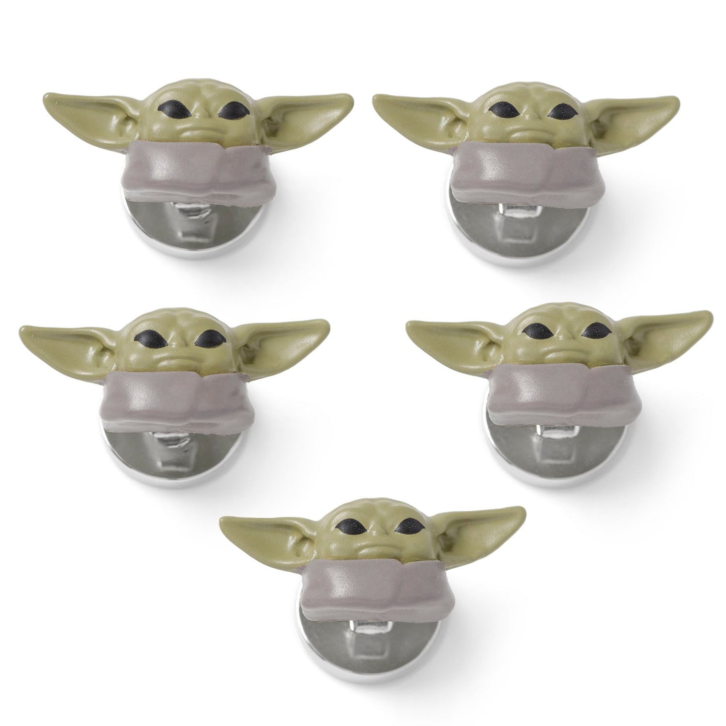 Five Baby Yoda bottle openers on a white background
