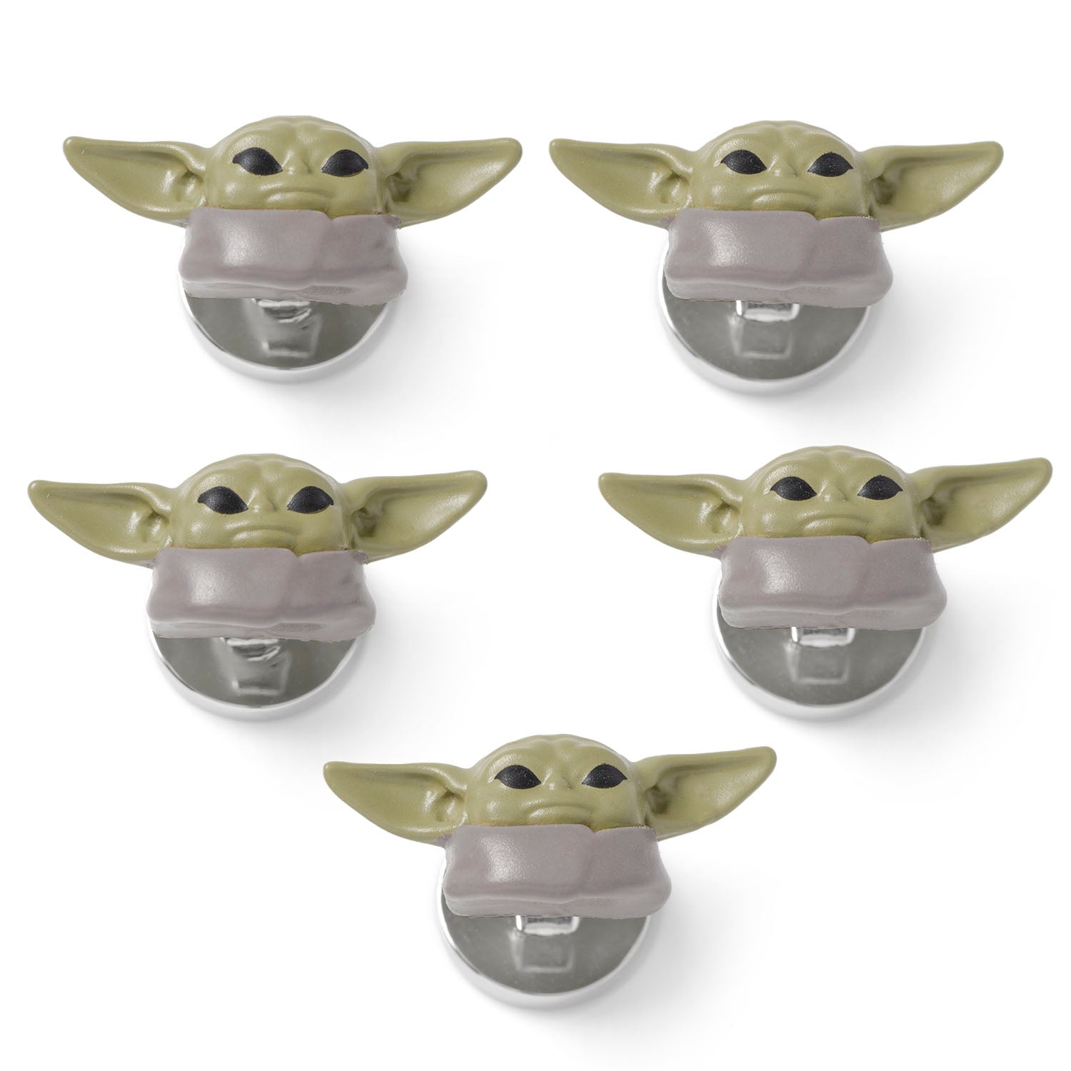 Five Baby Yoda bottle openers on a white background