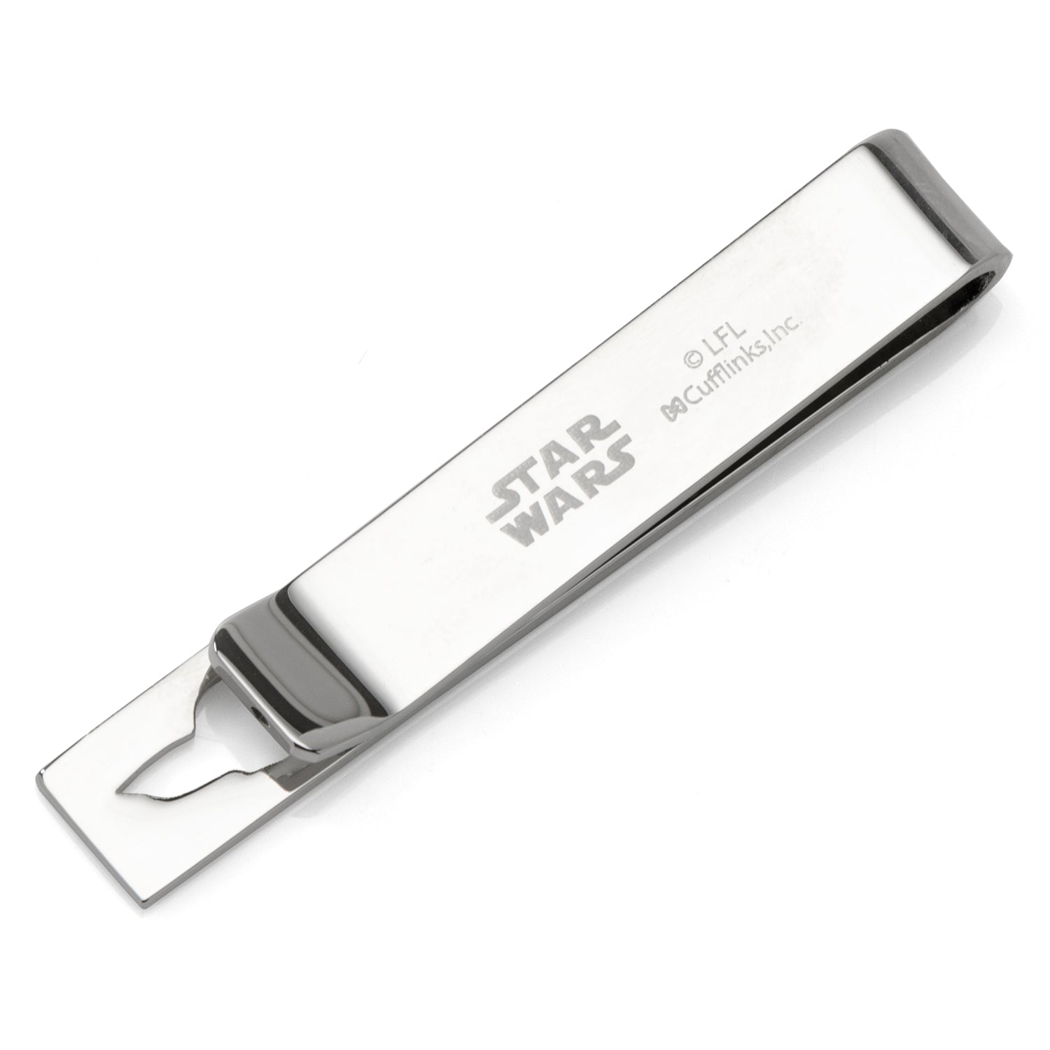 Silver tie clip with 'Star Wars' branding on a white background