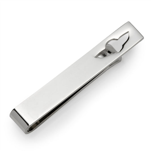 Silver tie clip on a white background