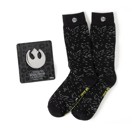 Star Wars Hyperspace Black Dress Socks and Rebel Crest Lapel Pin Gift Set