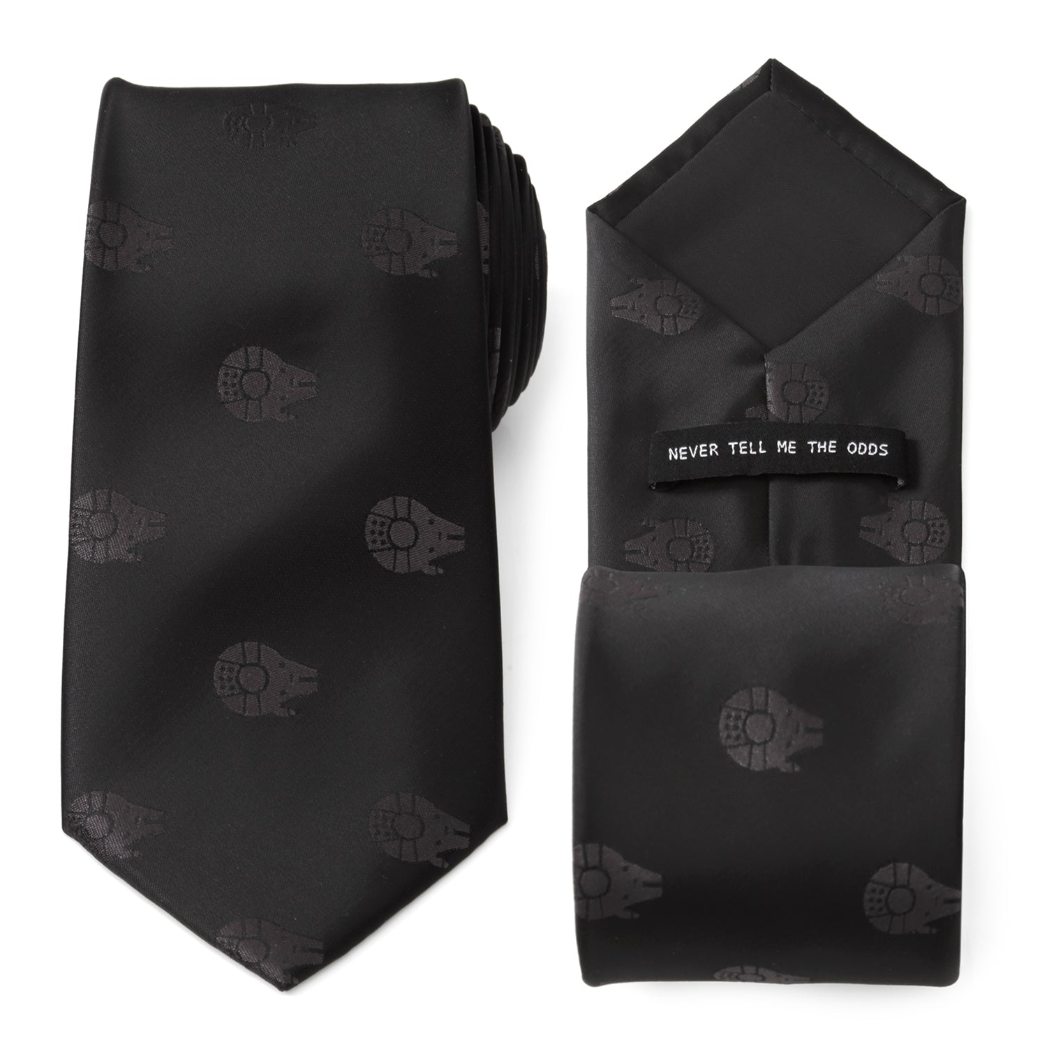 Black tie and pocket square set with Millennium Falcon pattern on a white background