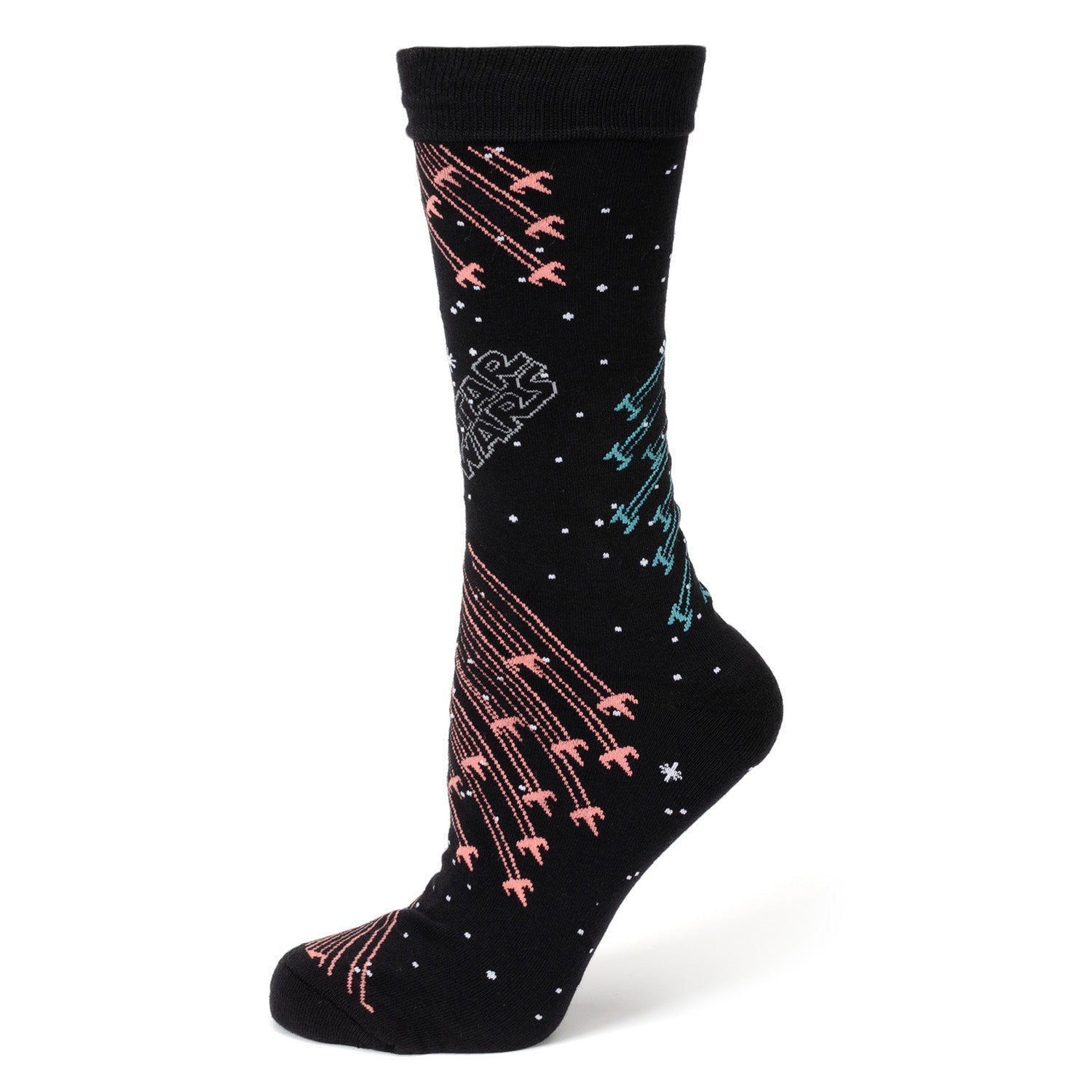 Black sock with pink and blue designs on a white background