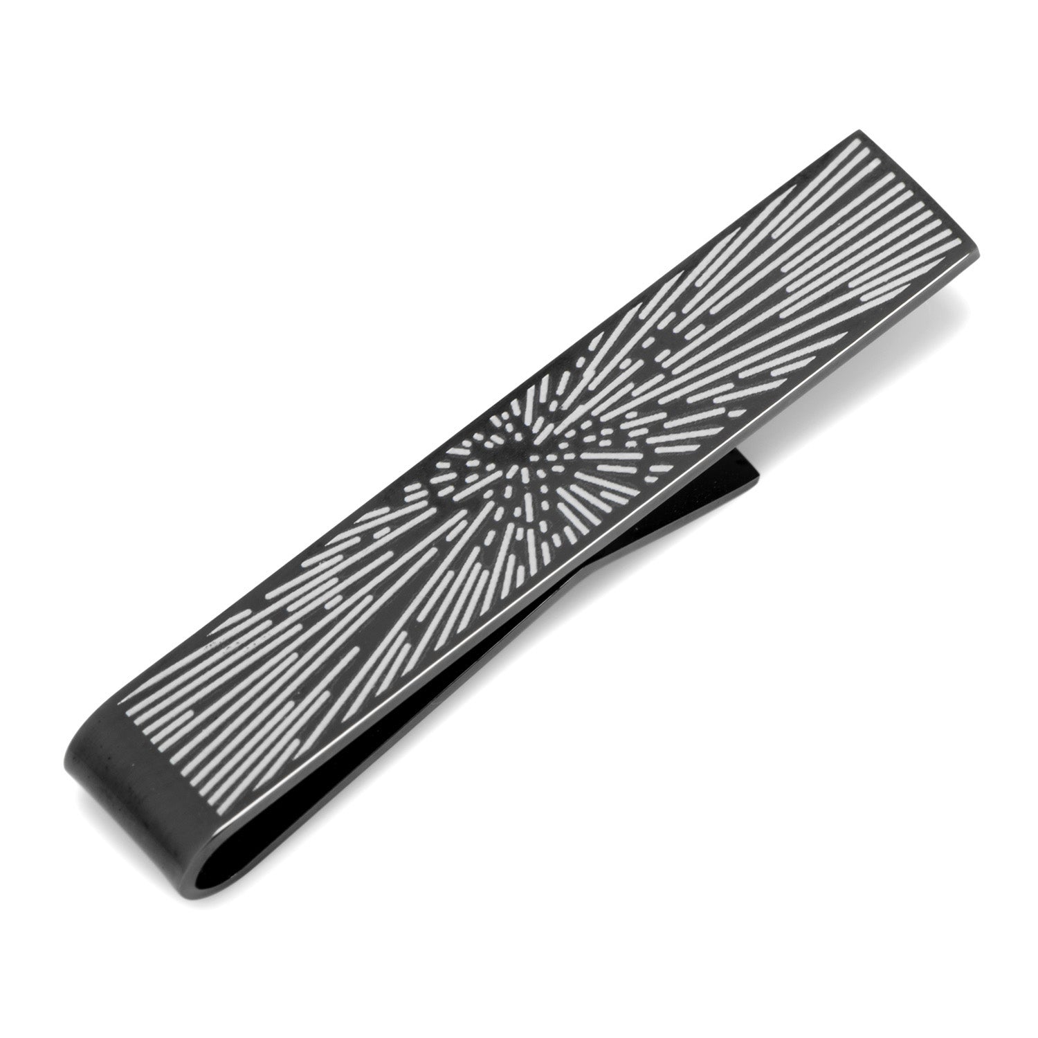 Black tie clip with white geometric pattern on a white background
