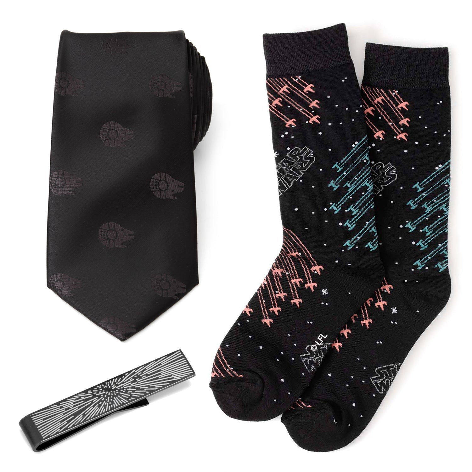 Black tie, socks with space-themed design, and black clip on a white background
