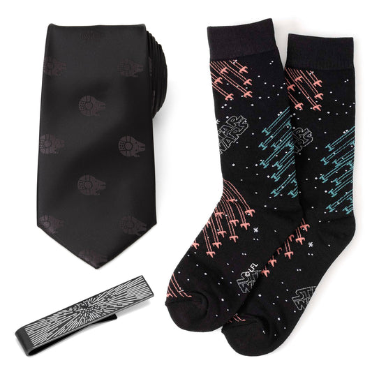 Black tie, socks with space-themed design, and black clip on a white background