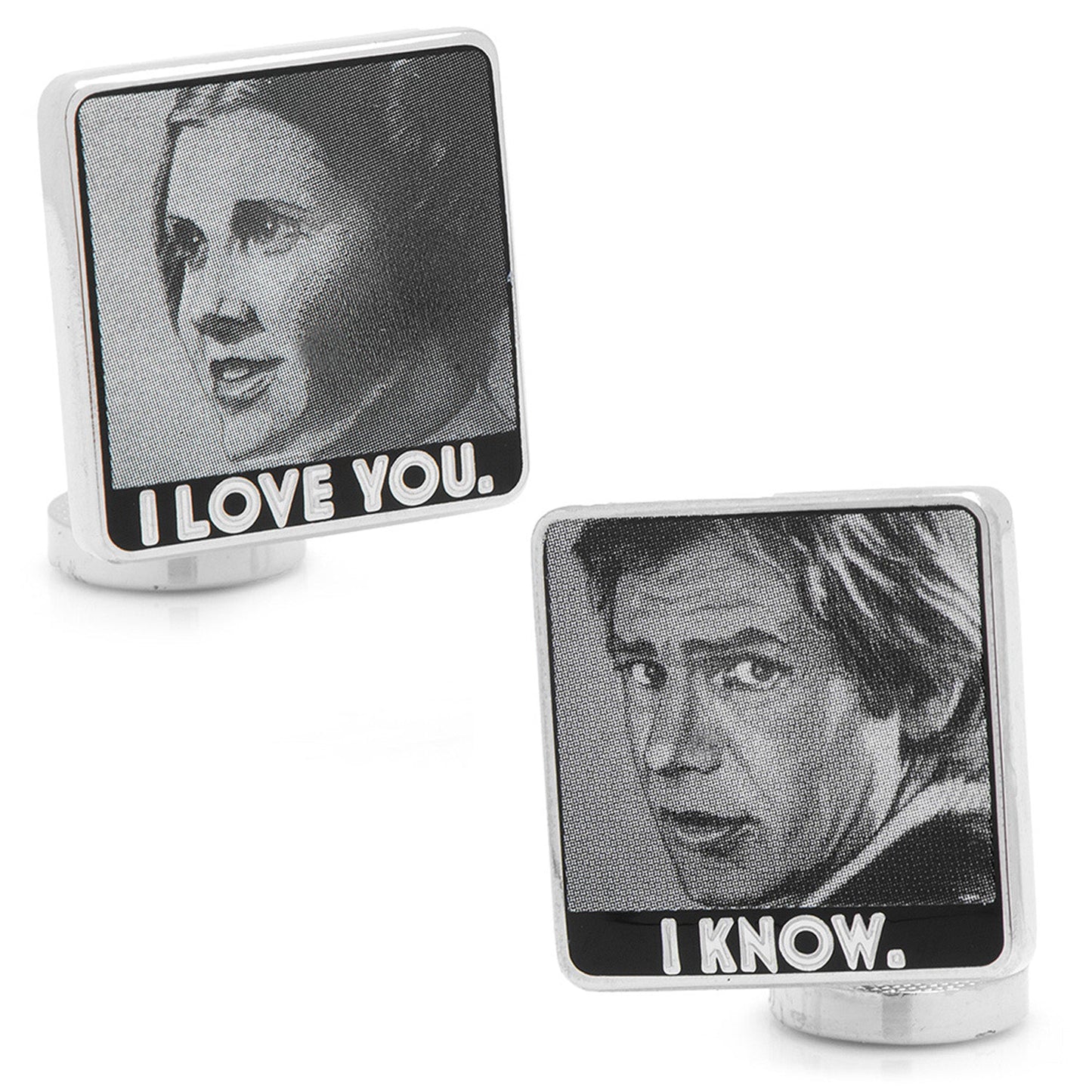 Cufflinks with Star Wars-themed images and text on a white background