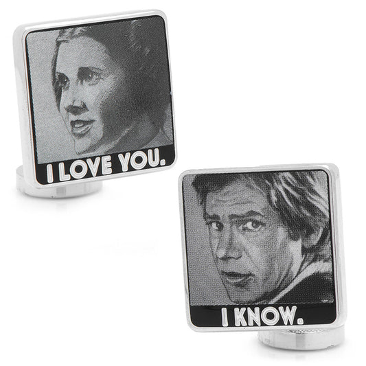 Cufflinks with Star Wars-themed images and text on a white background