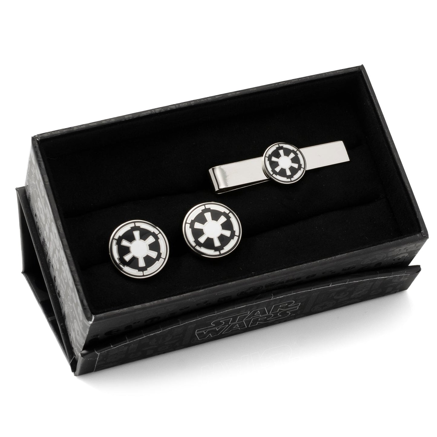 Cufflinks and tie clip set with star emblem design in a black box on a white background