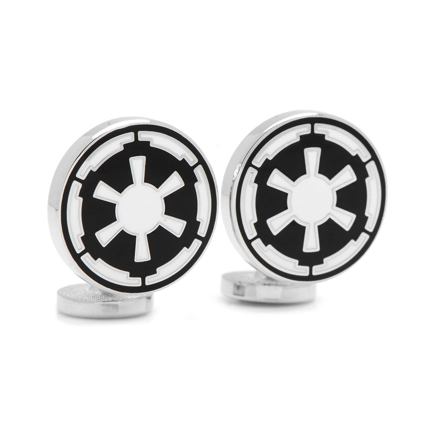 Cufflinks with a black and white emblem on a white background