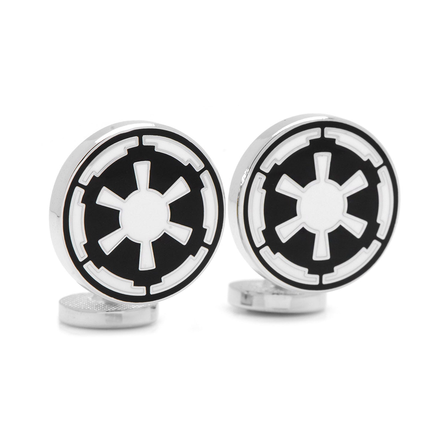 Cufflinks with a black and white emblem on a white background