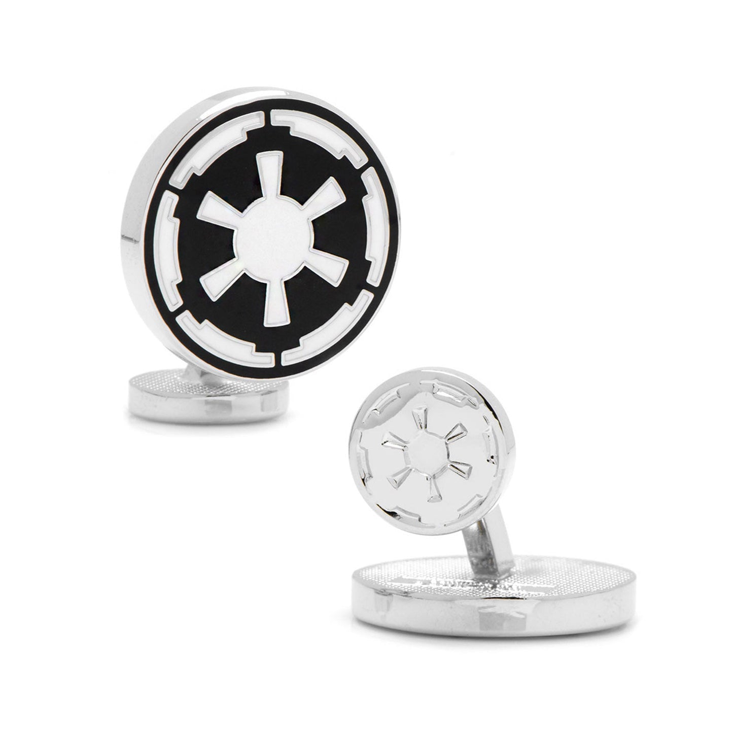 Cufflinks with a black and silver emblem on a white background