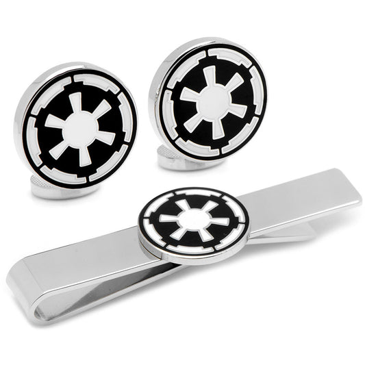 Set of Star Wars Imperial logo cufflinks and tie clip on a white background