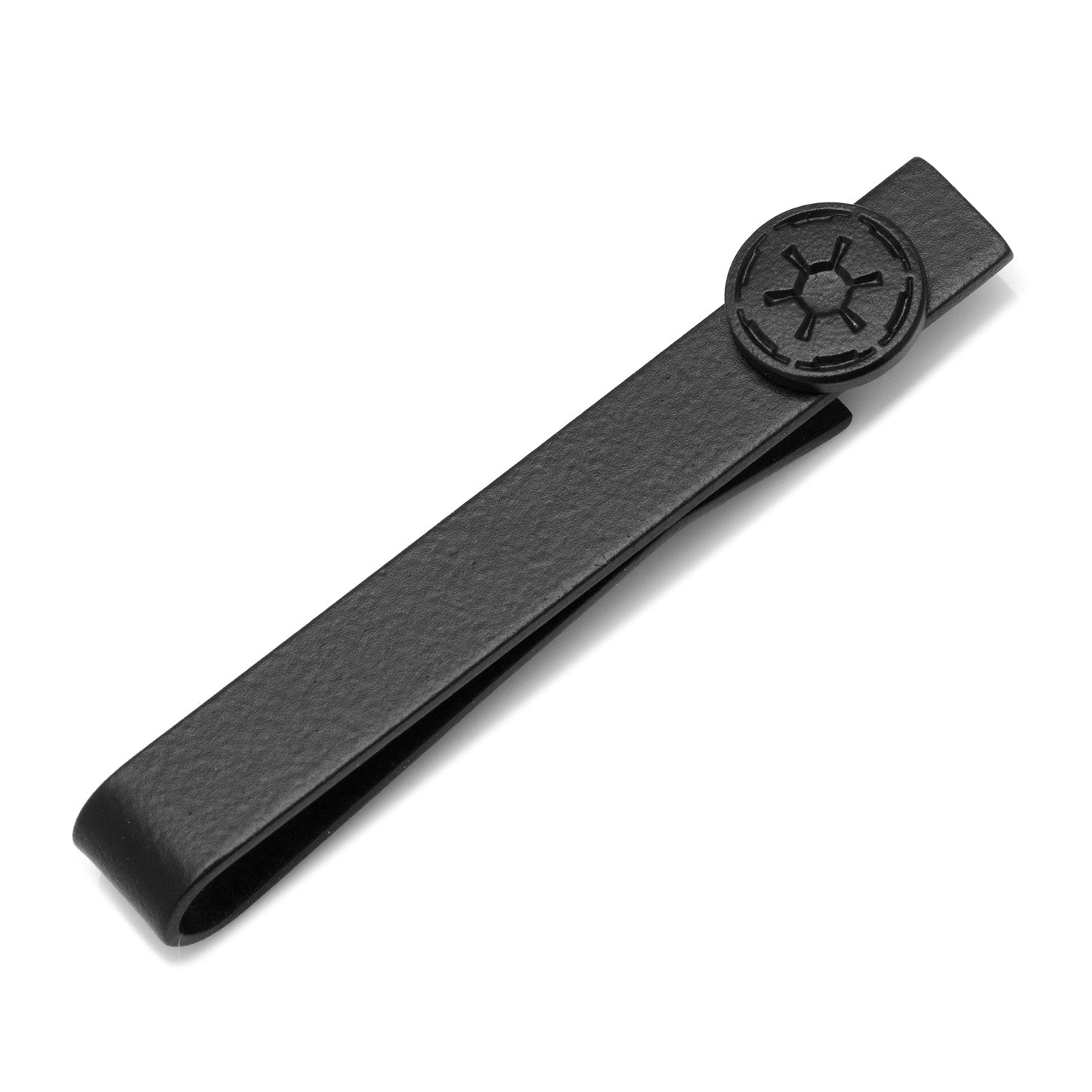Black tie clip with a circular emblem on a white background