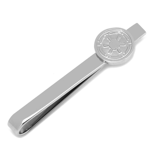 Silver tie clip with a circular emblem on a white background