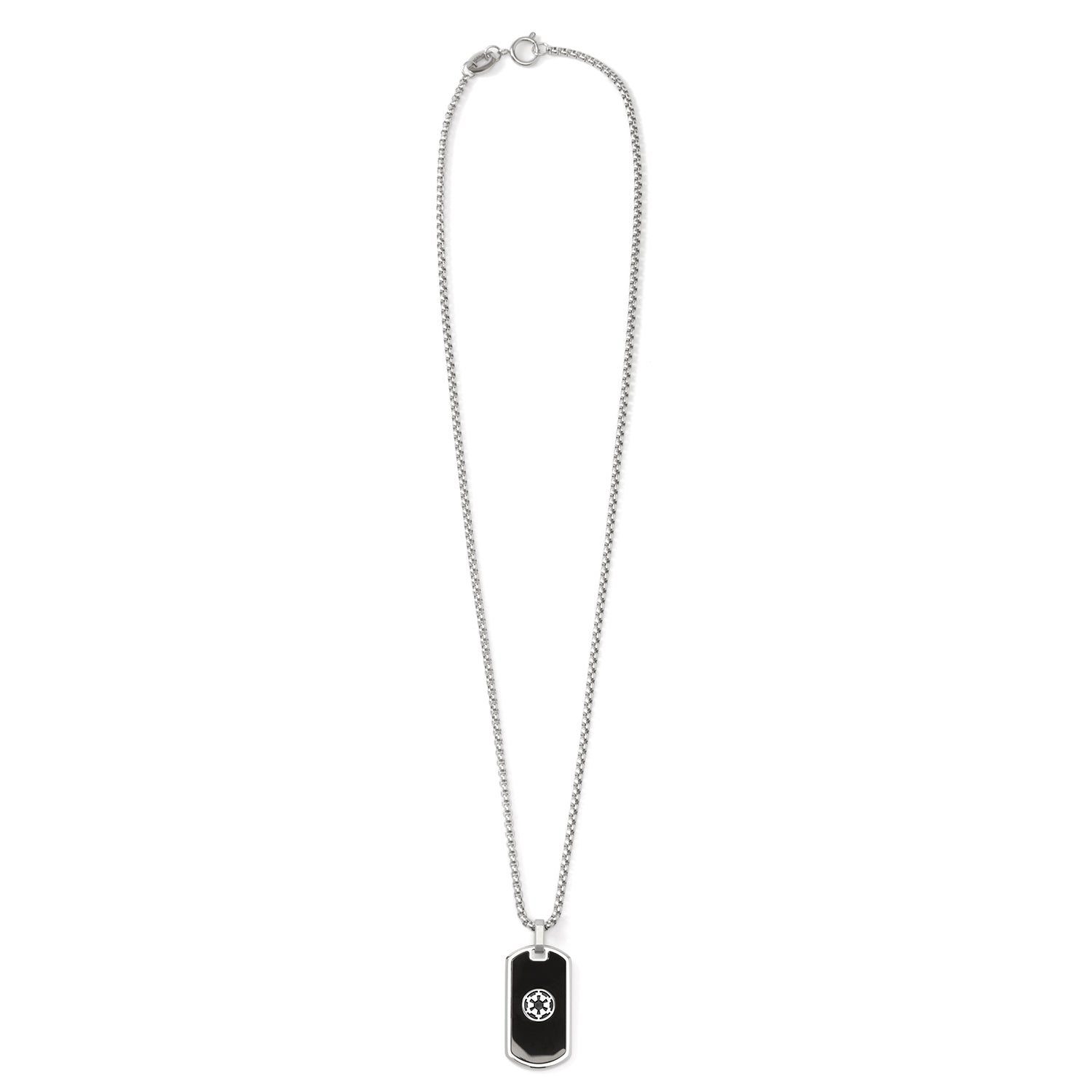 Silver necklace with a black dog tag on a white background