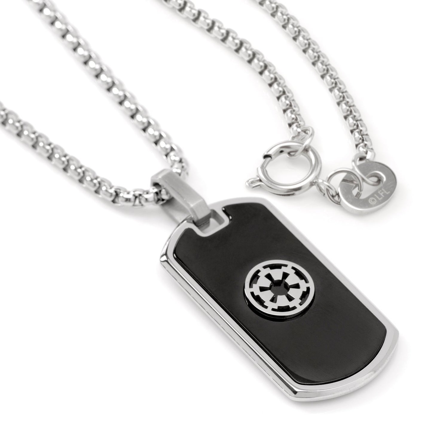 Dog tag necklace with a black center and emblem on a white background