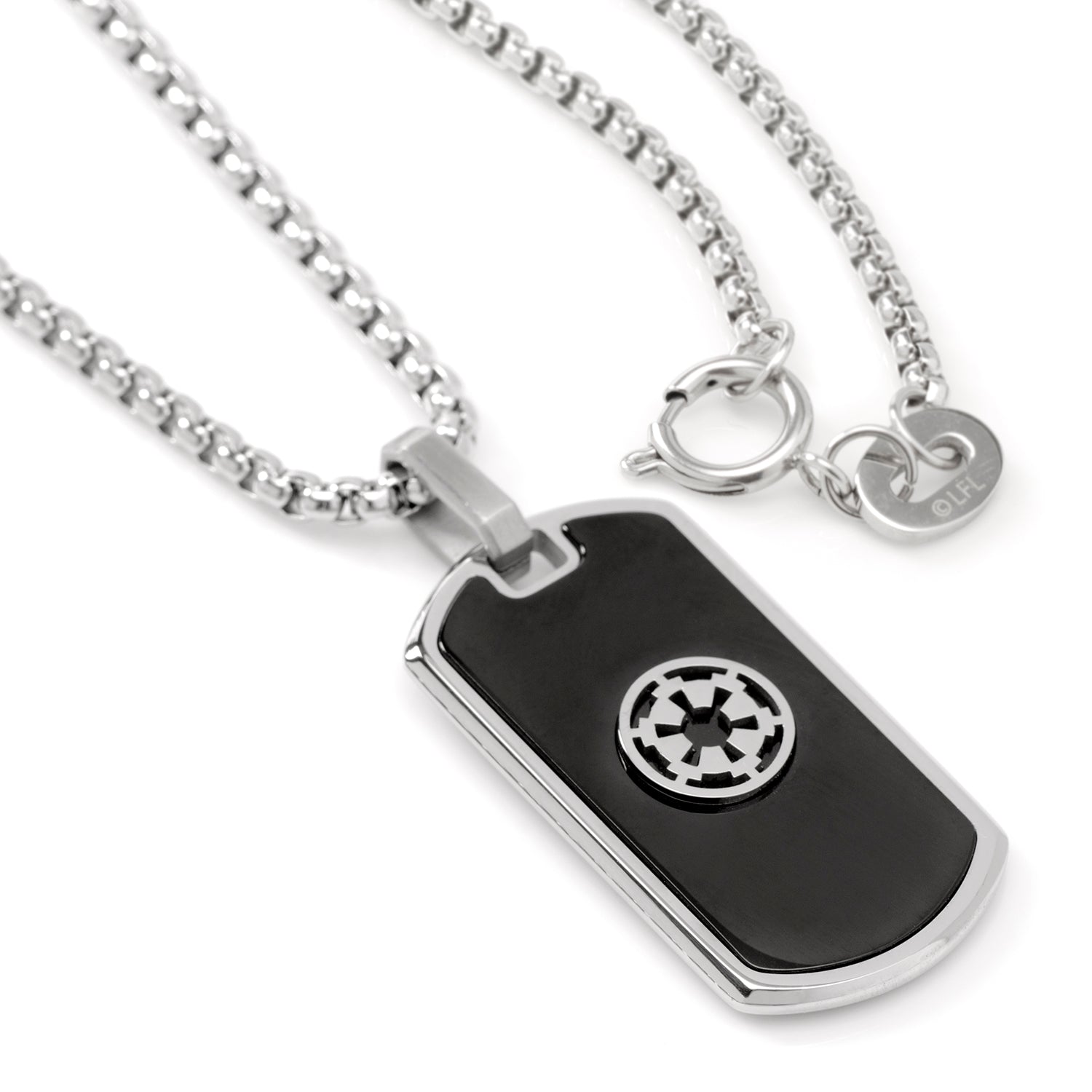 Dog tag necklace with a black center and emblem on a white background