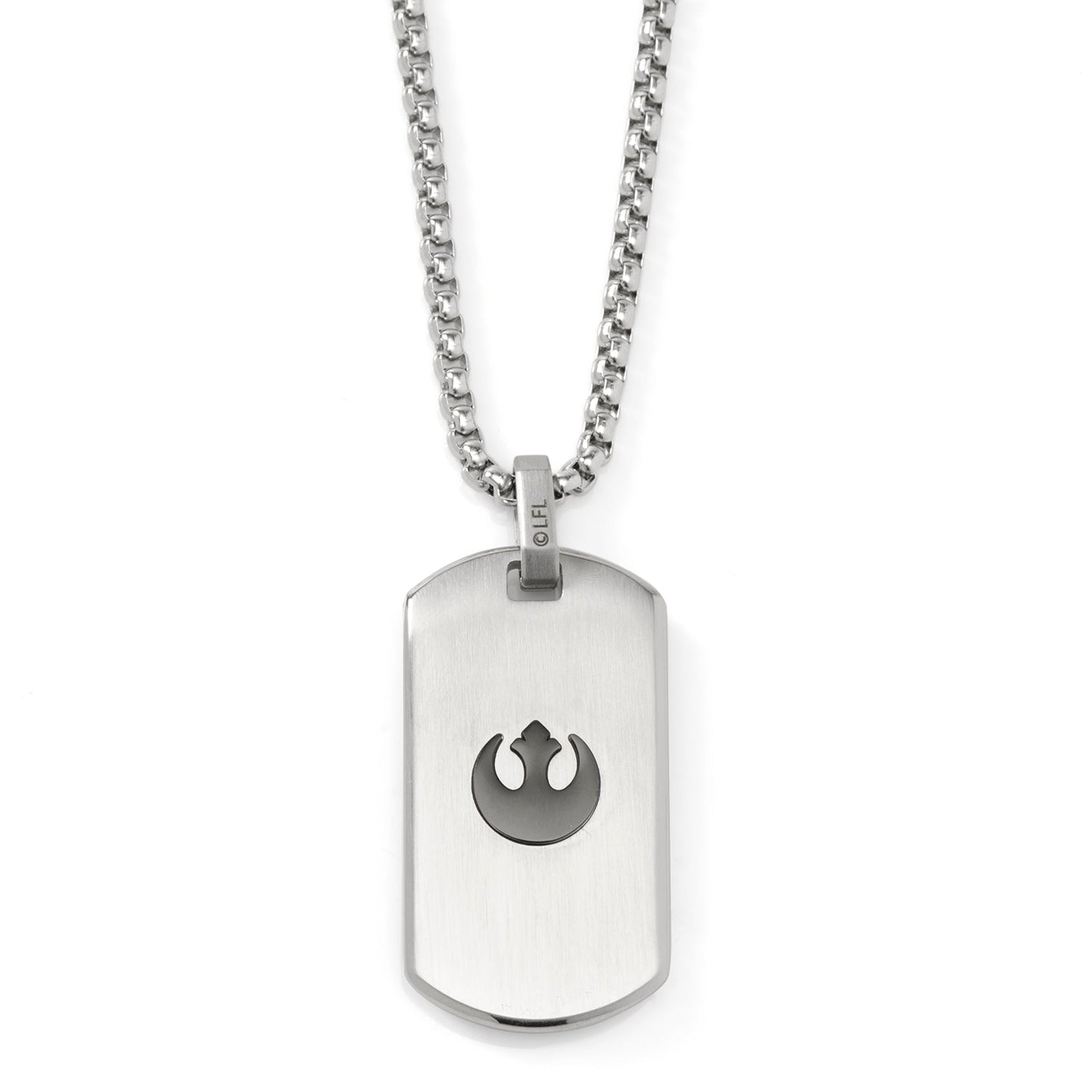 Silver dog tag necklace with Rebel Alliance symbol on a white background