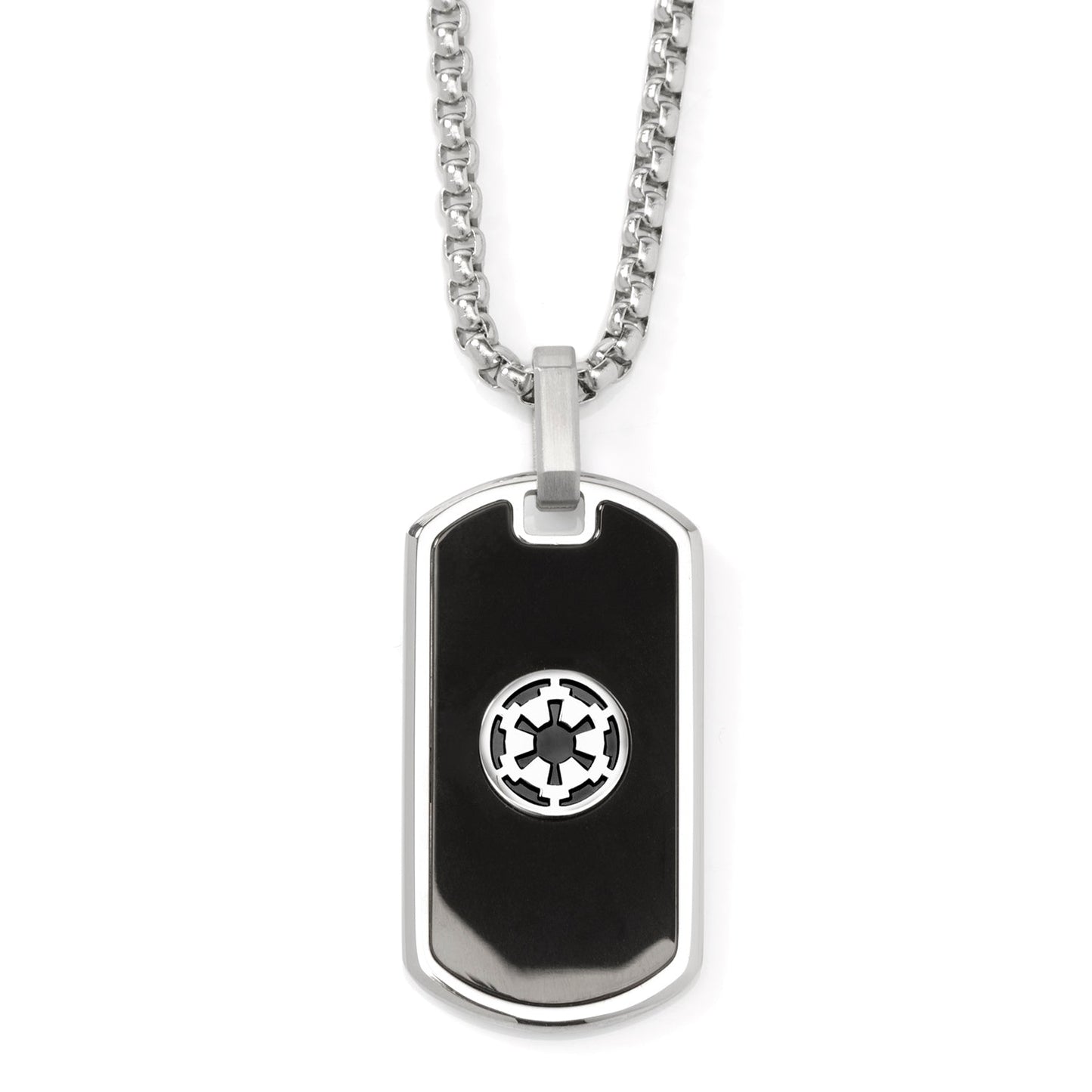 Dog tag necklace with a central emblem on a white background