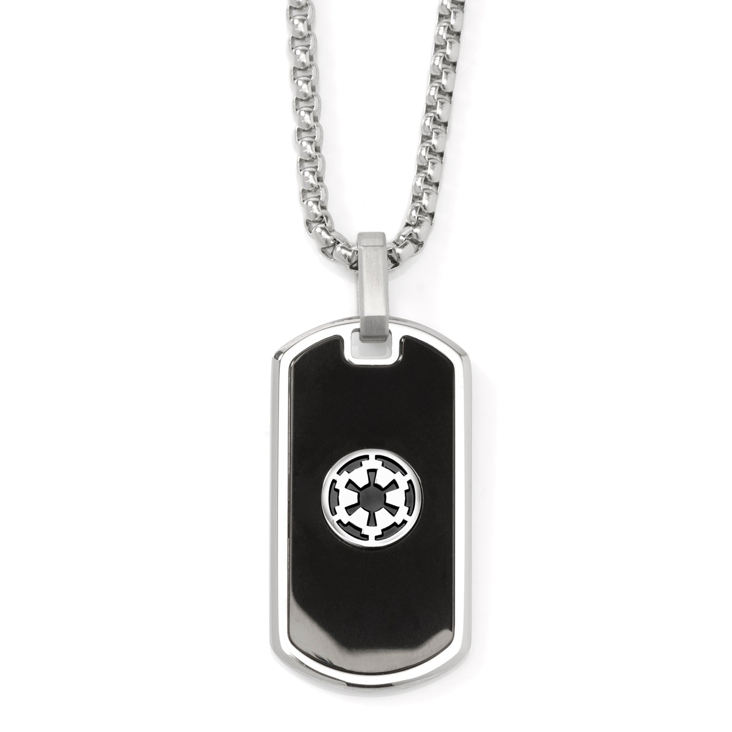 Dog tag necklace with a central emblem on a white background