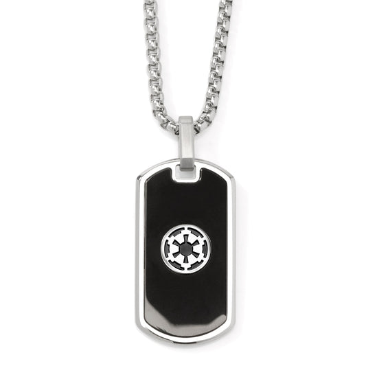 Dog tag necklace with a central emblem on a white background