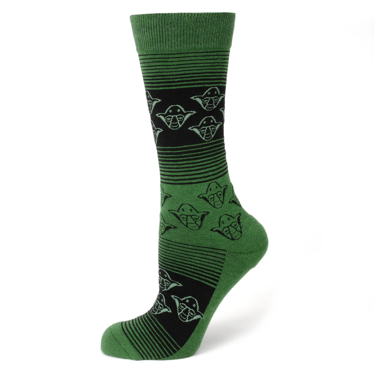 Green sock with Yoda design on a white background