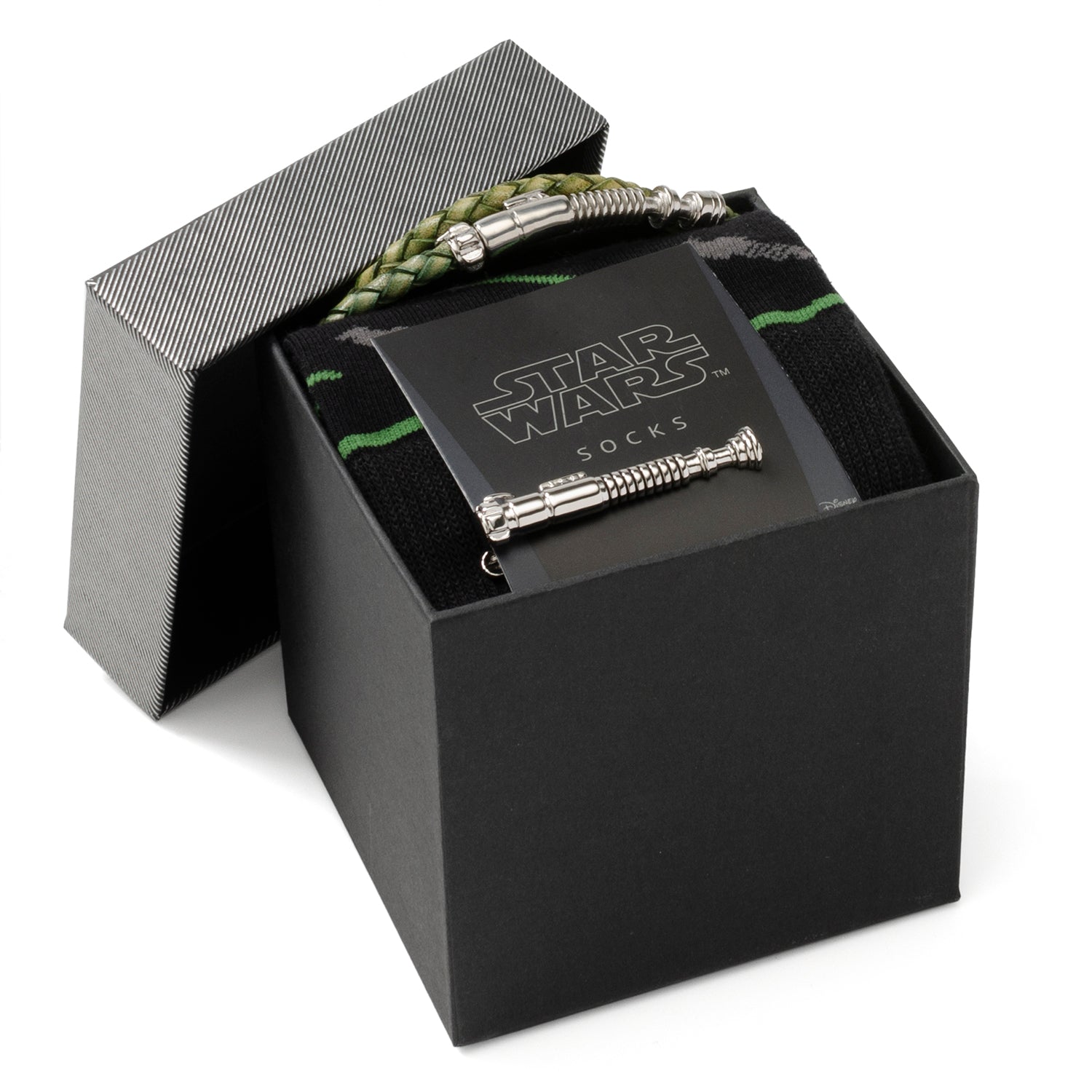 Star Wars socks with a bracelet in a black box packaging on a white background