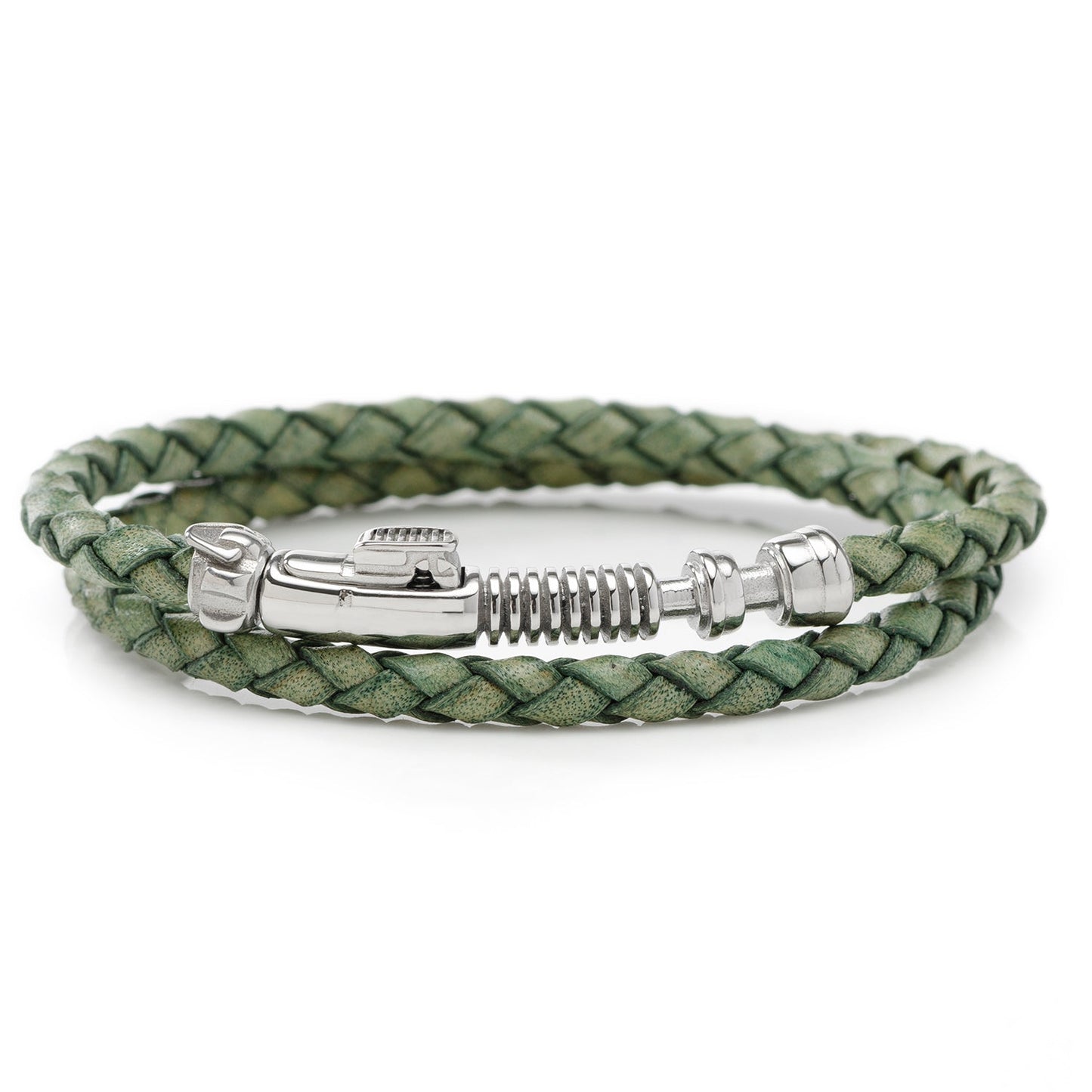 Green braided leather bracelet with silver clasp on a white background