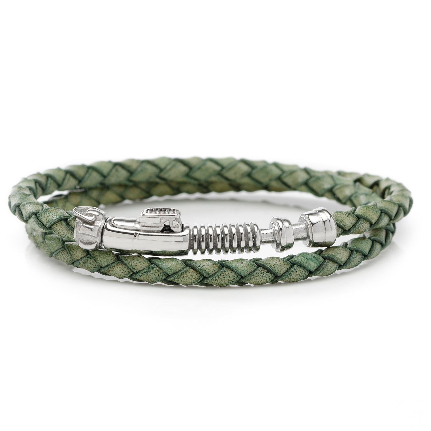 Green braided leather bracelet with silver clasp on a white background