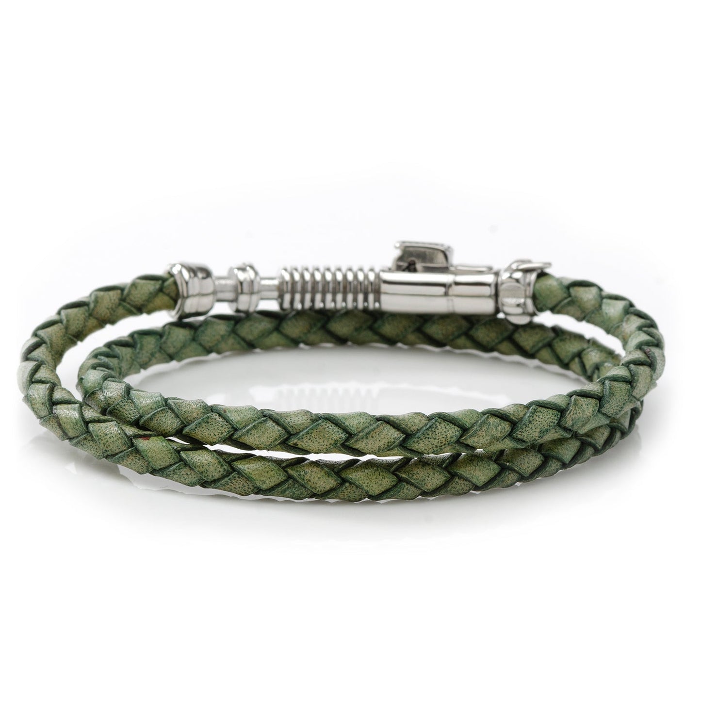 Green braided leather bracelet with silver clasp on a white background
