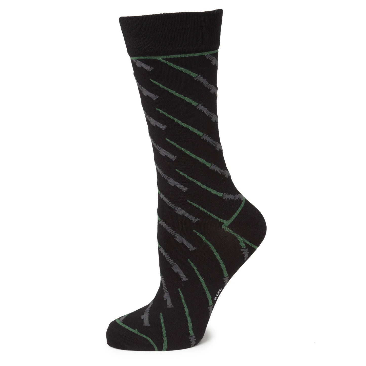 Black sock with green and gray pattern on a white background