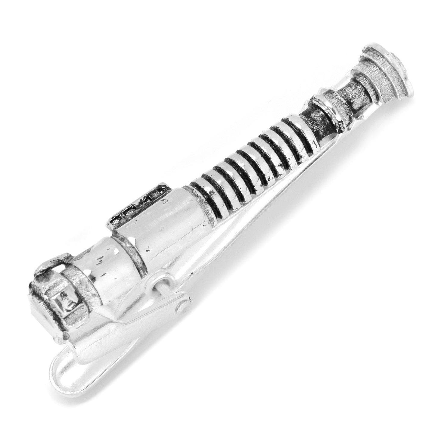Silver tie clip with black and white striped design on a white background