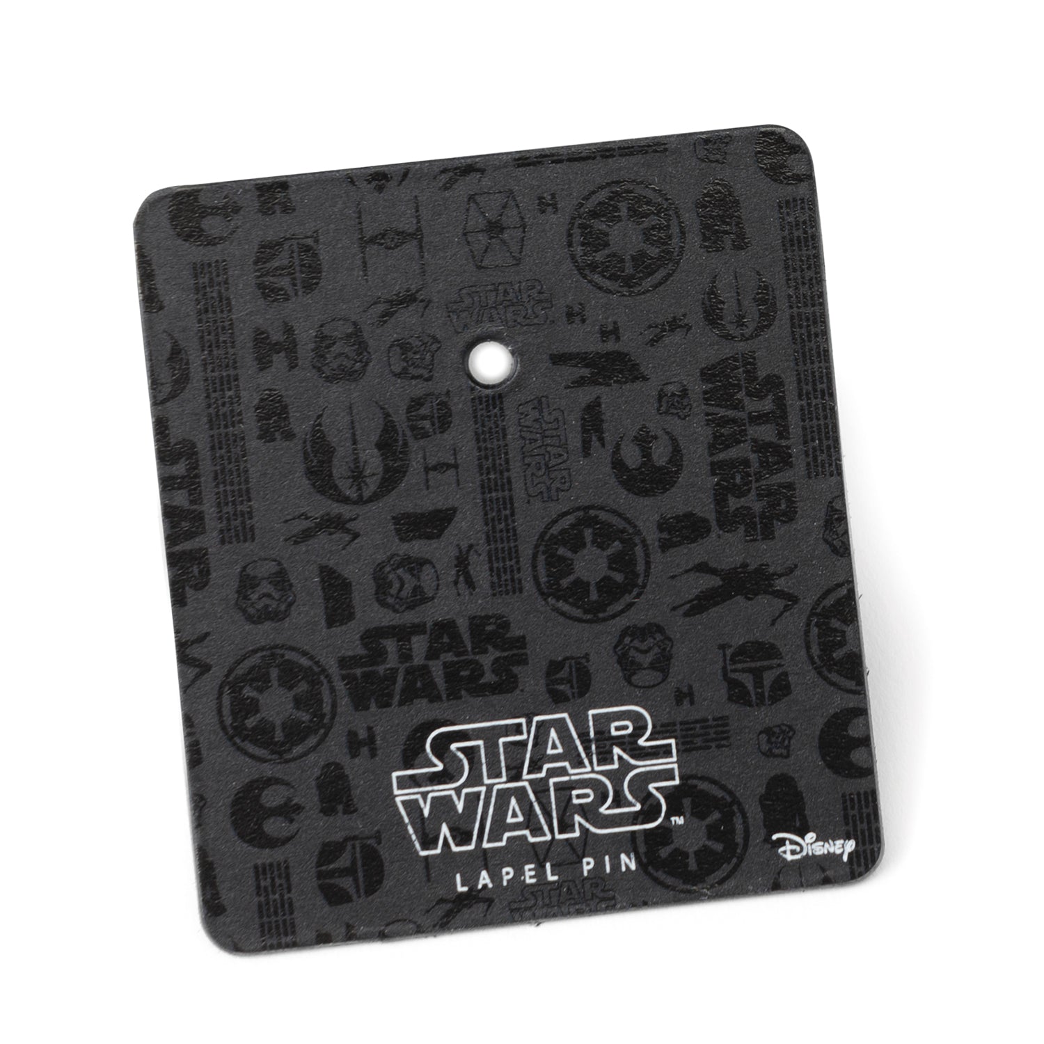 Star Wars lapel pin with multiple logos on a black background