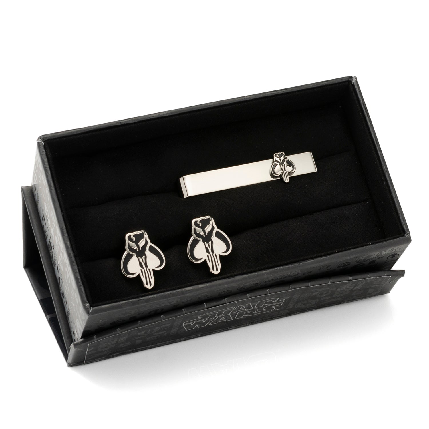 Silver butterfly cufflinks and tie clip set in a black box on a white background