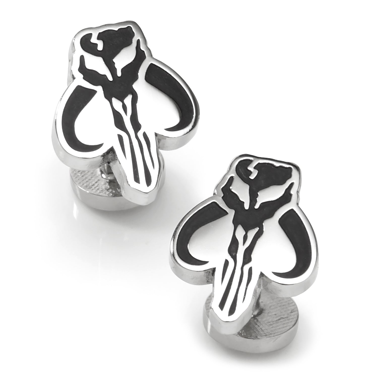 Pair of silver cufflinks with a unique design on a white background