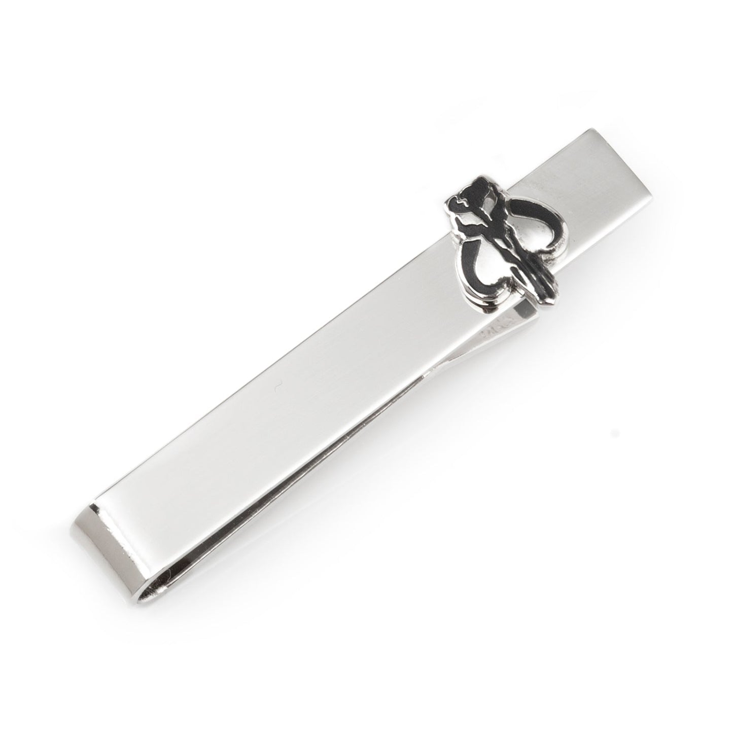 Silver tie clip with a knot design on a white background