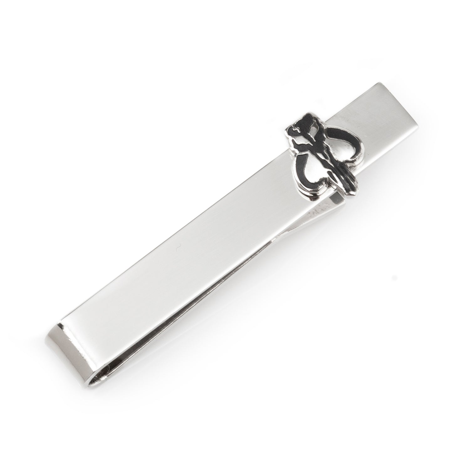 Silver tie clip with a knot design on a white background
