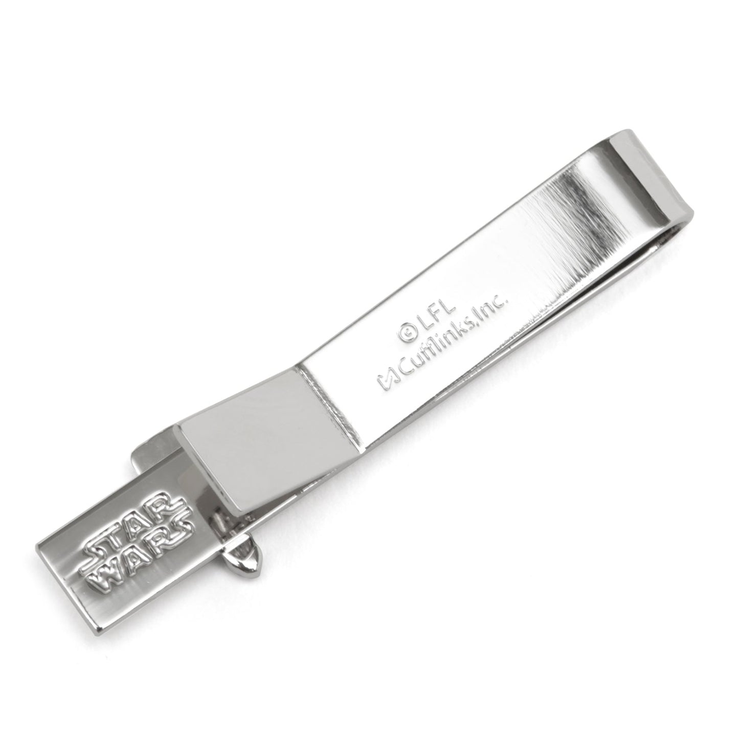 Silver tie clip with 'Star Wars' logo on a white background