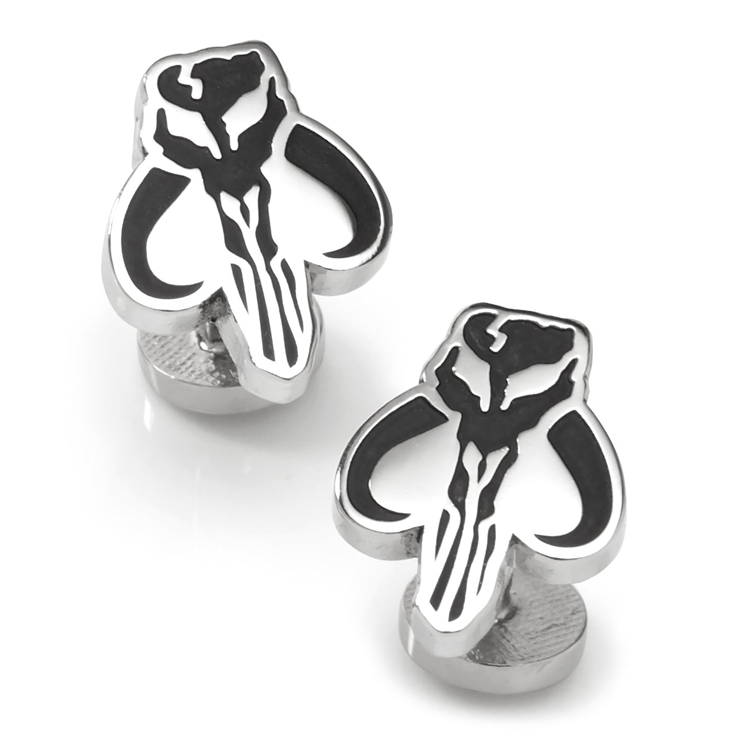 Star Wars Mandalorian Mythosaur Cufflinks Pair of silver earrings with black designs on a white background