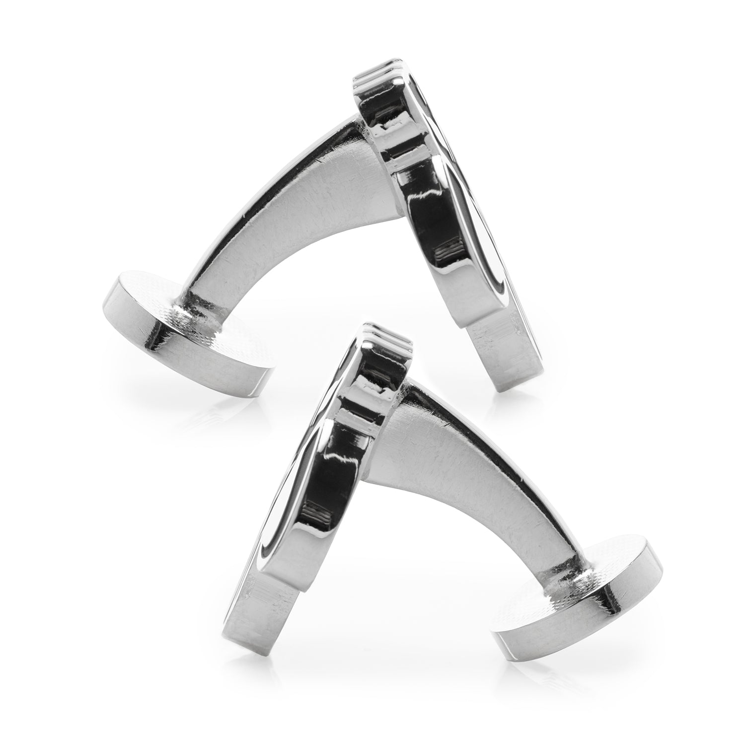 Pair of silver cufflinks on a white background