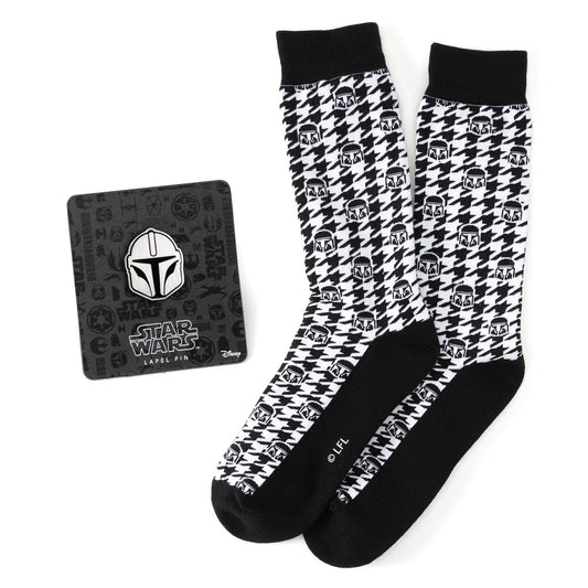 Black and white patterned socks with Star Wars branding on a white background